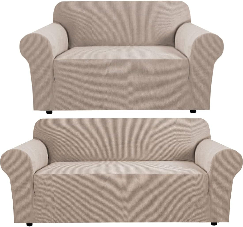 H.VERSAILTEX Stretch Loveseat Cover Bundles Sofa Slipcover, Furniture Protector, Plaid Pattern, Removable and Washable, Sand