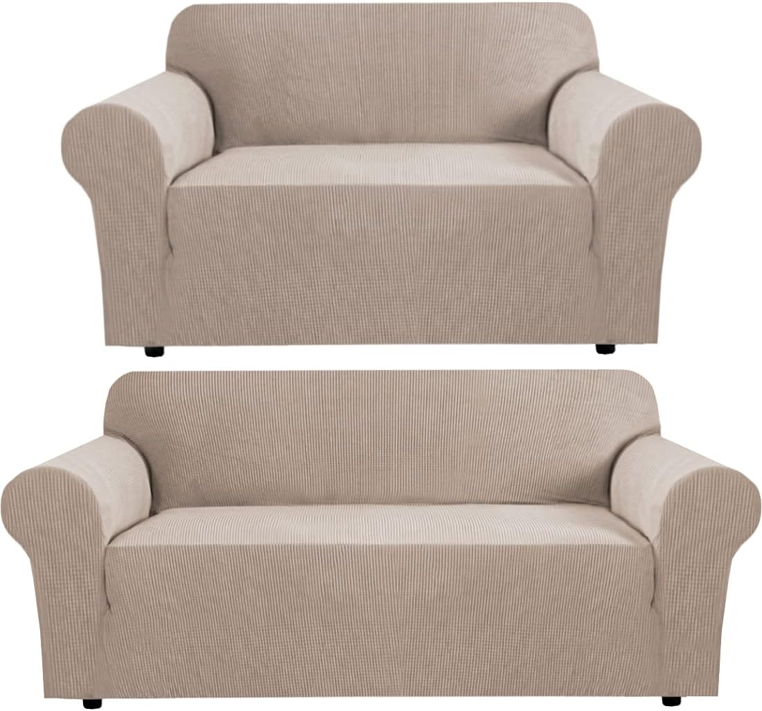 H.VERSAILTEX Stretch Loveseat Cover Bundles Sofa Slipcover, Furniture Protector, Plaid Pattern, Removable and Washable, Sand