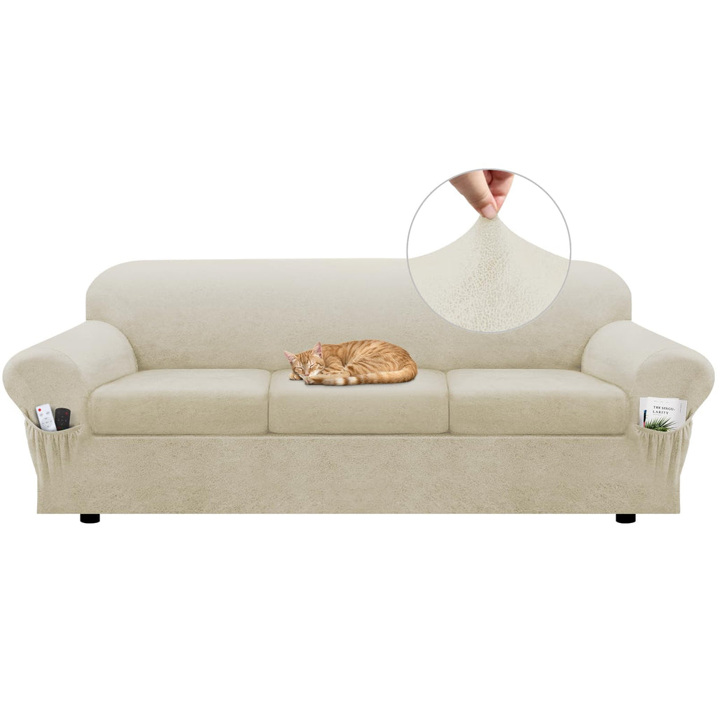 Loveseat Slipcover with Armrest Pockets 3-Piece Set, Stretch Faux Leather Love Seat Covers for 2-Cushion Couches(Fits 58-66") - Non-Slip, Machine Washable, Pet & Kid Friendly - Beige