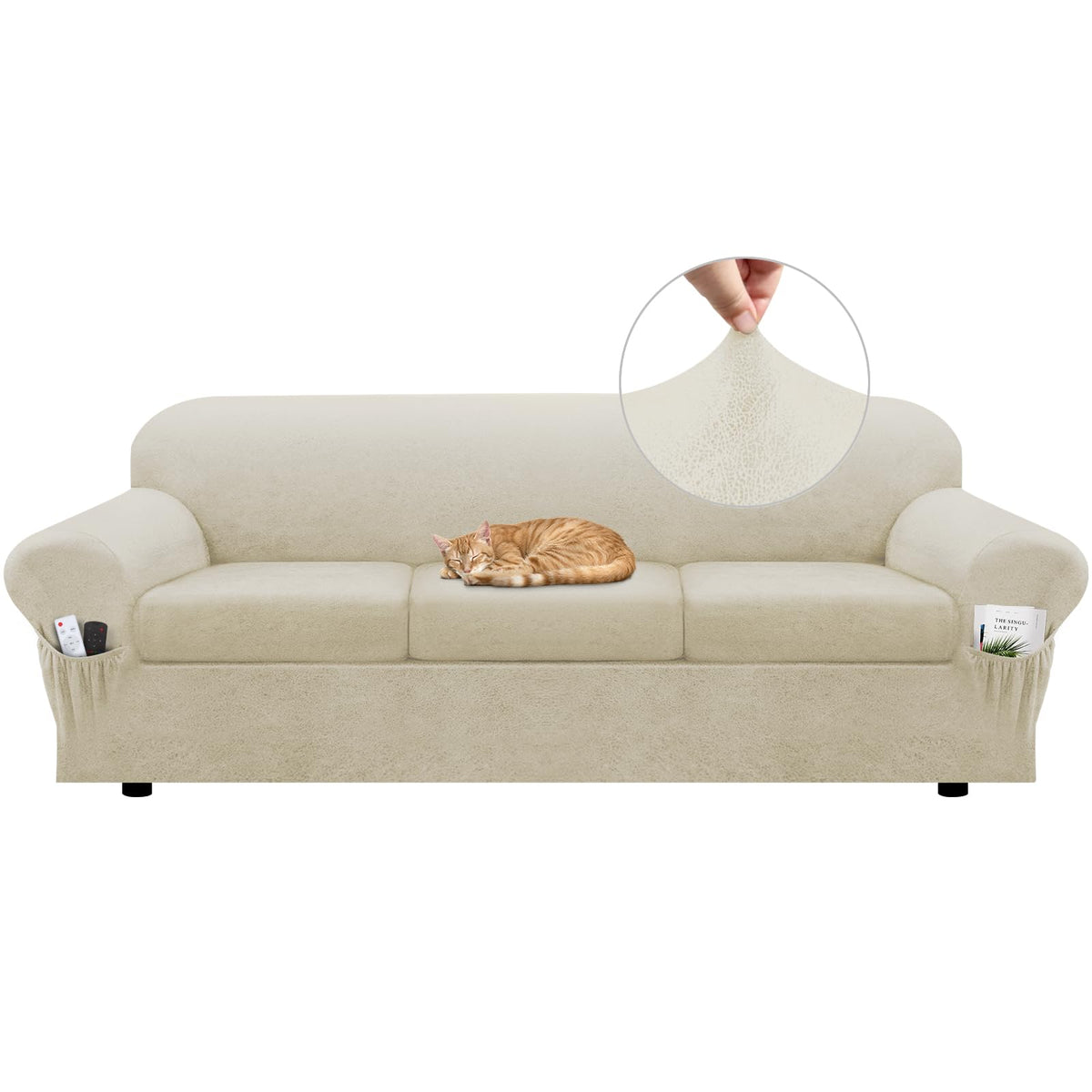 Loveseat Slipcover with Armrest Pockets 3-Piece Set, Stretch Faux Leather Love Seat Covers for 2-Cushion Couches(Fits 58-66") - Non-Slip, Machine Washable, Pet & Kid Friendly - Beige