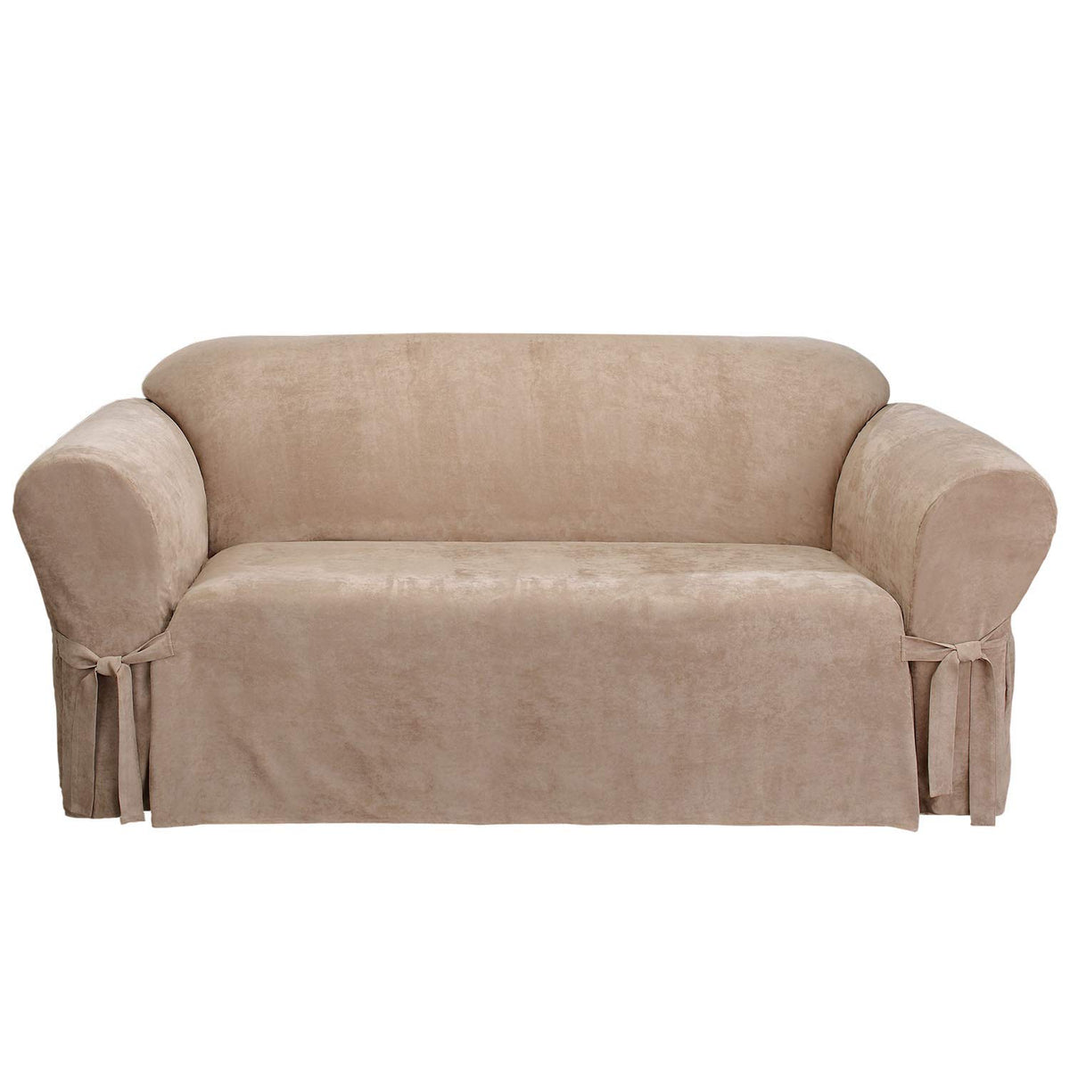 SureFit Home Décor Soft Suede Box Cushion Loveseat One Piece Slipcover, Relaxed Fit, Polyester, Machine Washable, Chocolate Color