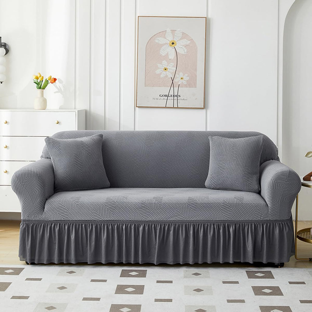 KAIJIE 1 piece Double seat Textured Sofa Slipcover with Ruffle Skirt,Elastic Stretch Fabric，Leaf Pattern Design Thick Anti Slip Protective Cover C-01Haze Blue