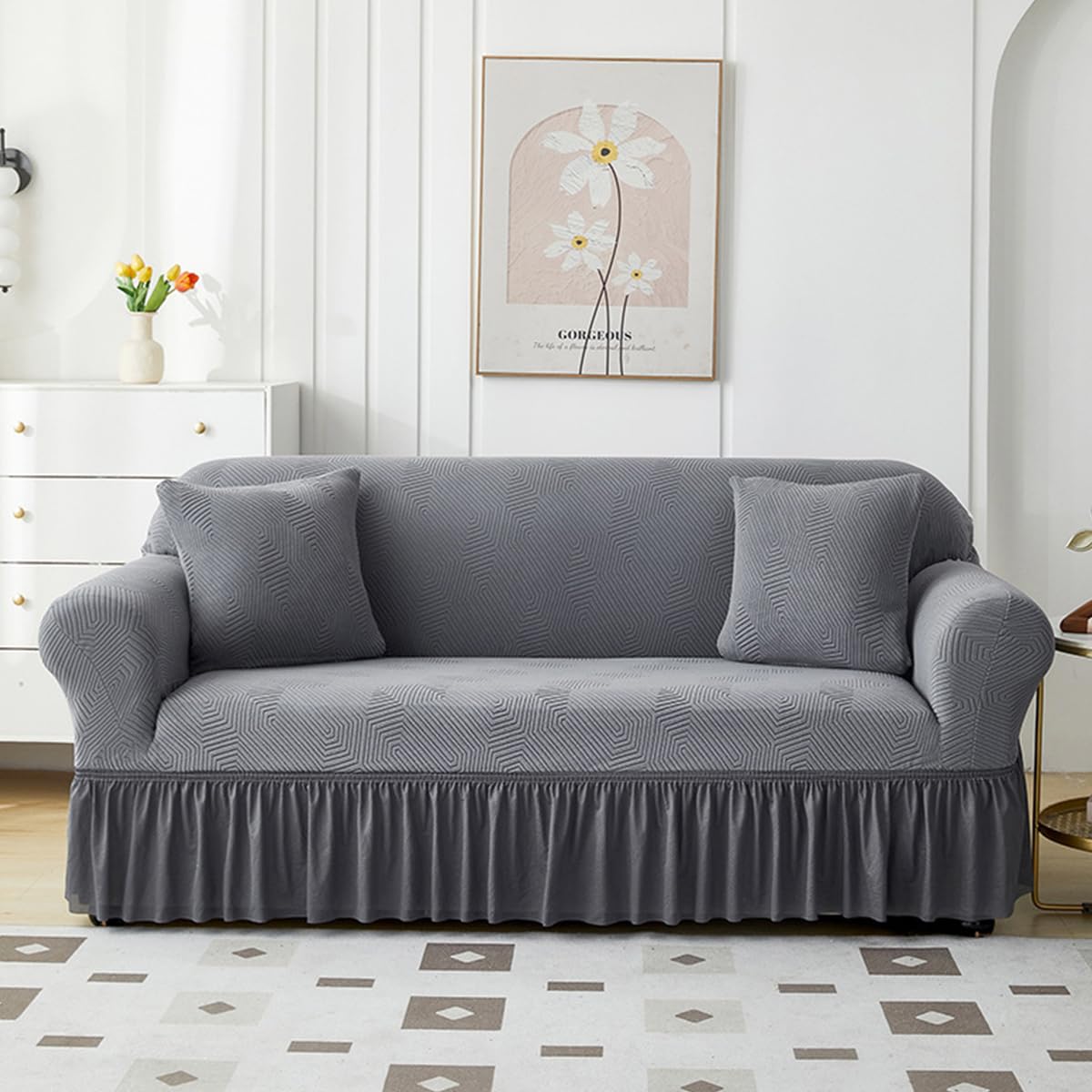 KAIJIE 1 piece Double seat Textured Sofa Slipcover with Ruffle Skirt,Elastic Stretch Fabric，Leaf Pattern Design Thick Anti Slip Protective Cover C-01Haze Blue