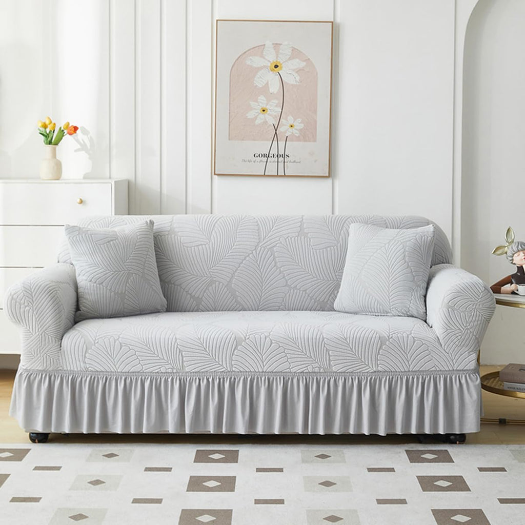 KAIJIE 1 piece Double seat Textured Sofa Slipcover with Ruffle Skirt,Elastic Stretch Fabric，Leaf Pattern Design Thick Anti Slip Protective Cover C-01Haze Blue