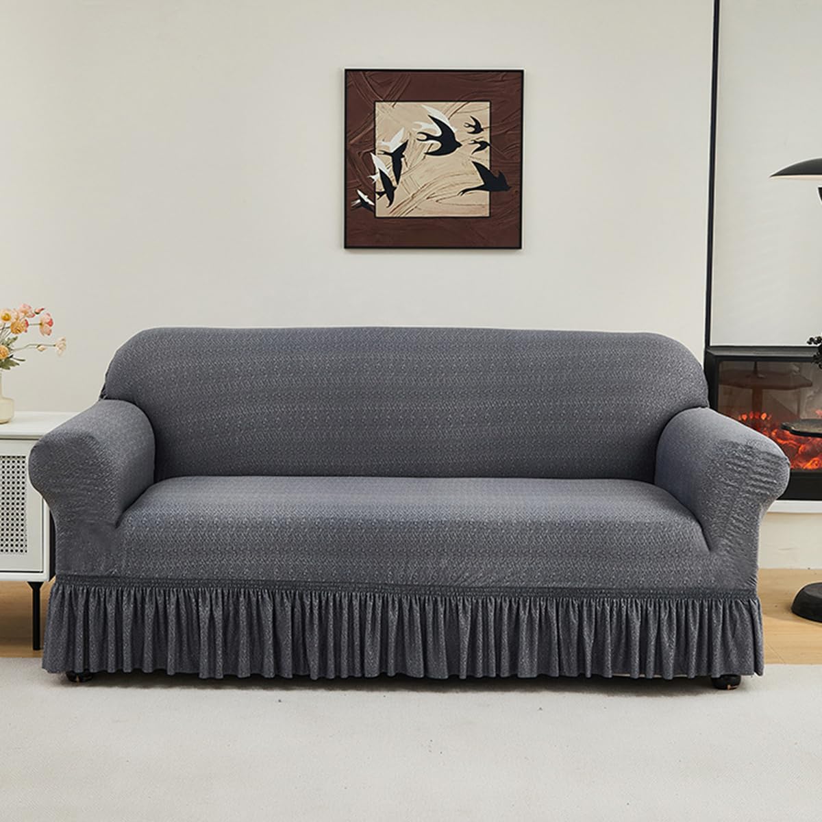 KAIJIE Super Stretch Sofa Slipcover–Non Slip Soft Couch Sofa Cover,Skirt Edge Design with Non Skid Foam and Elastic Bottoms for Crafted from Soft Polyester Printed Pattern（2-Person seat Couch Cover）