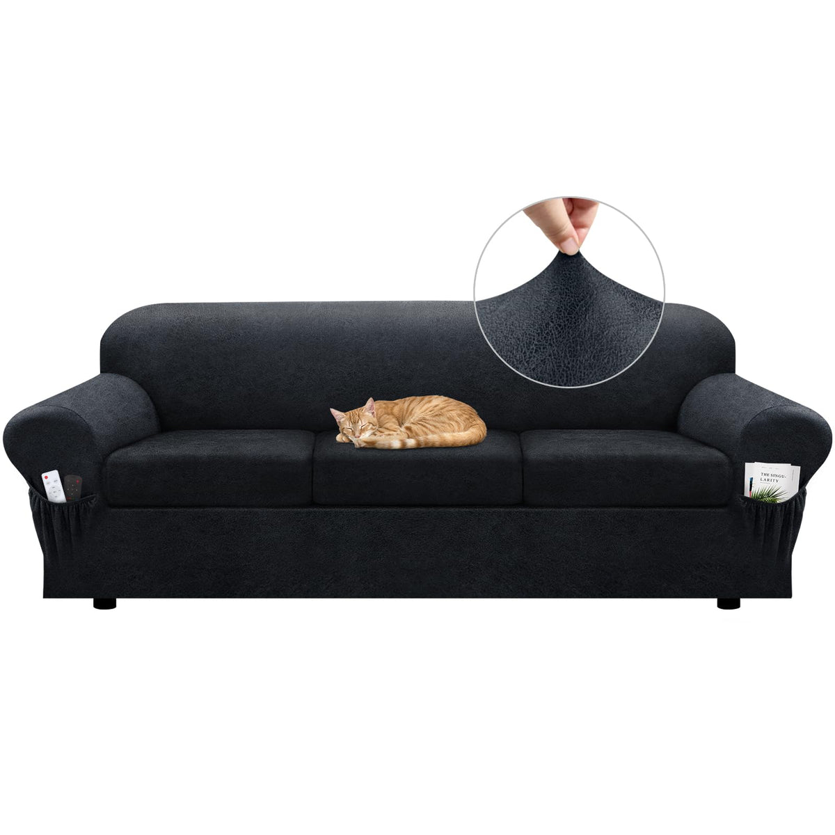 Loveseat Slipcover with Armrest Pockets 3-Piece Set, Stretch Faux Leather Love Seat Covers for 2-Cushion Couches(Fits 58-66") - Non-Slip, Machine Washable, Pet & Kid Friendly - Beige