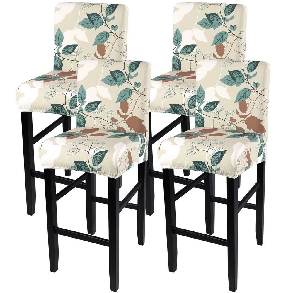 SearchI Bar Stool Covers Set of 4, Stretch Washable Barstool Seat Covers, Counter Height Chair Covers for Kitchen Dining Room Cafe (Beige Linen-Look Print)