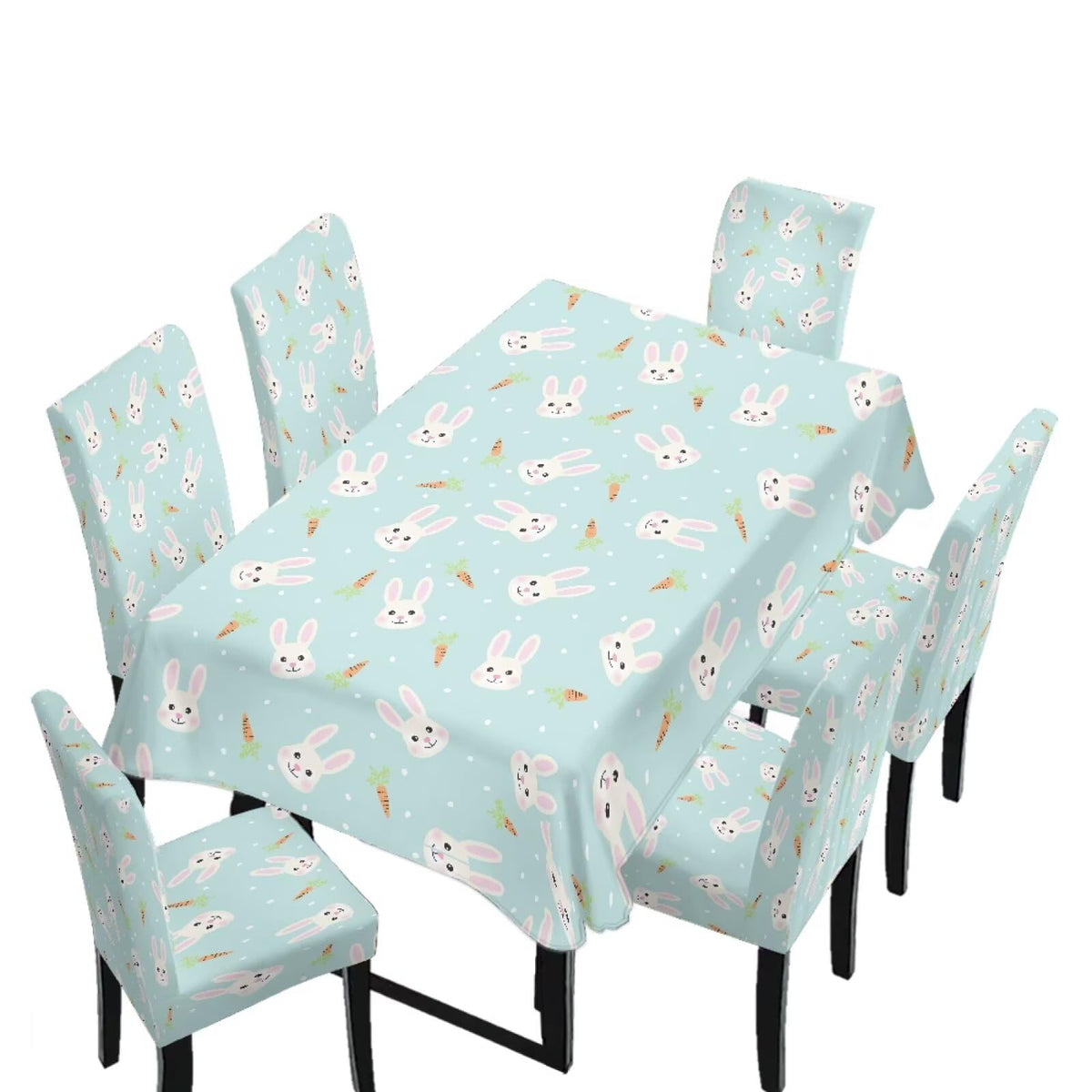 Table Cloth Rectangle Table Set of 5 Include Kitchen Chair Covers and Tablecloths for Dining Room Easter Decor, Anti-Scratch Chair Seat Protector Cover, Blue Cartoon Rabbit Carrot Dot
