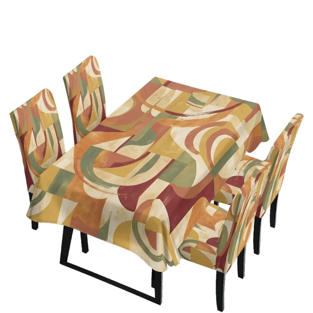 Dining Seat Slipcovers Set of 7 Includes Tablecloths, Removable Dining Room Chair Covers Stain Resistant Table Protector for Home Restaurant, Light Brown Beige Geometry Patchwork