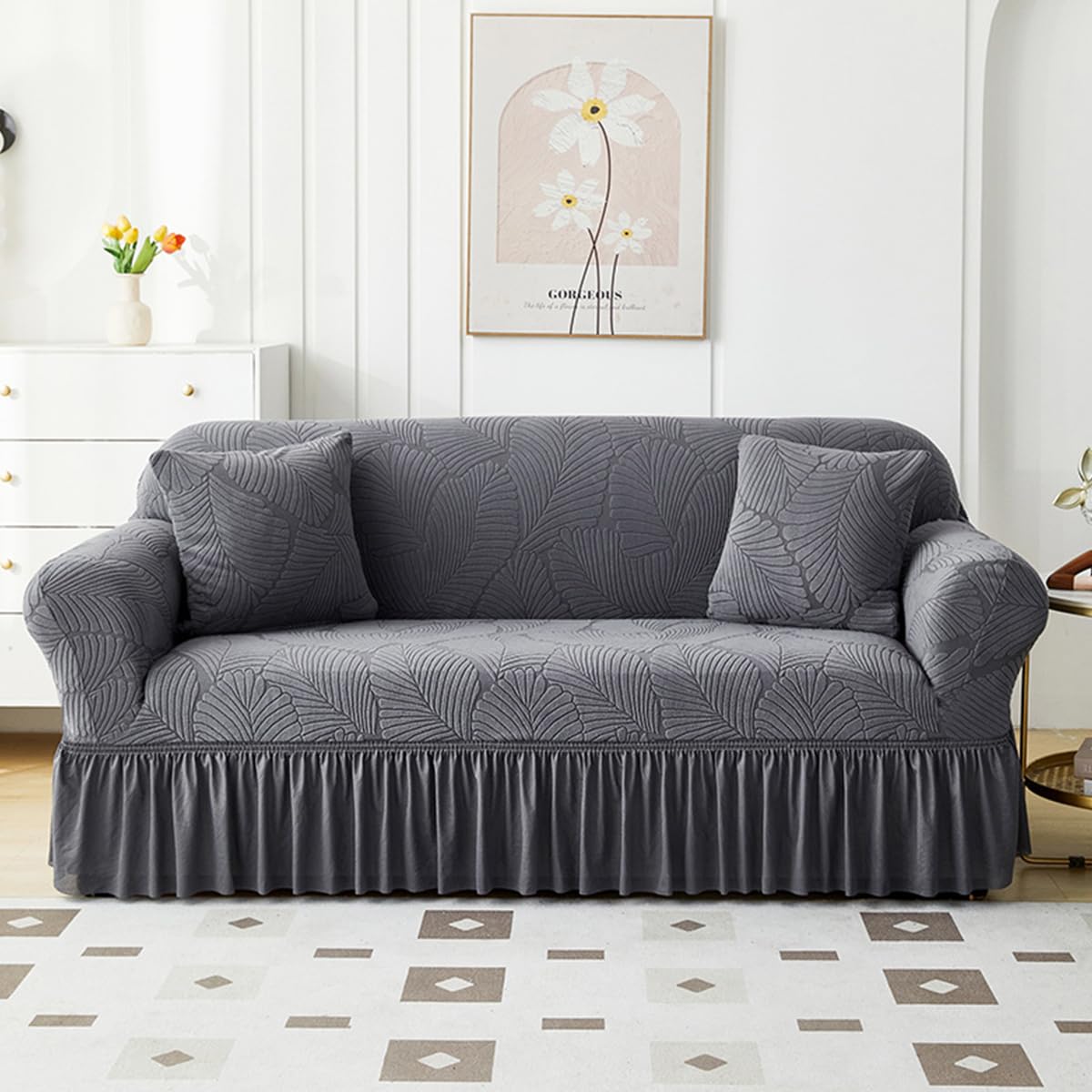 KAIJIE 1 piece Double seat Textured Sofa Slipcover with Ruffle Skirt,Elastic Stretch Fabric，Leaf Pattern Design Thick Anti Slip Protective Cover C-01Haze Blue