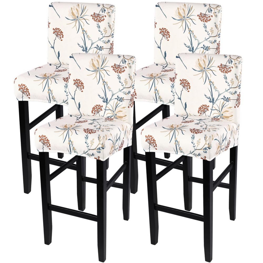 SearchI Bar Stool Covers Set of 4, Stretch Washable Barstool Seat Covers, Counter Height Chair Covers for Kitchen Dining Room Cafe (Beige Linen-Look Print)