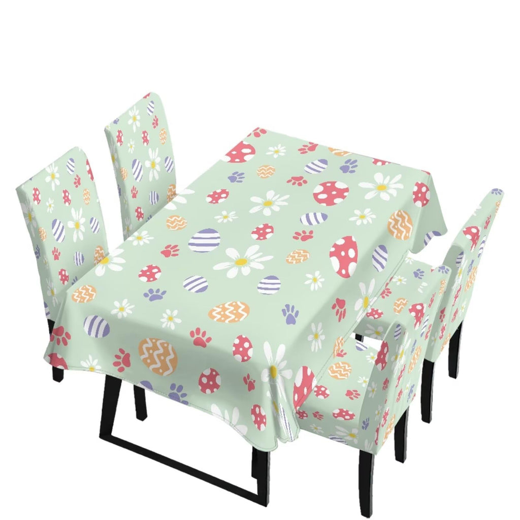 Table Cloth Rectangle Table Set of 5 Include Kitchen Chair Covers and Tablecloths for Dining Room Easter Decor, Anti-Scratch Chair Seat Protector Cover, Blue Cartoon Rabbit Carrot Dot