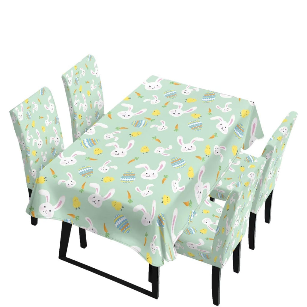 Table Cloth Rectangle Table Set of 5 Include Kitchen Chair Covers and Tablecloths for Dining Room Easter Decor, Anti-Scratch Chair Seat Protector Cover, Blue Cartoon Rabbit Carrot Dot