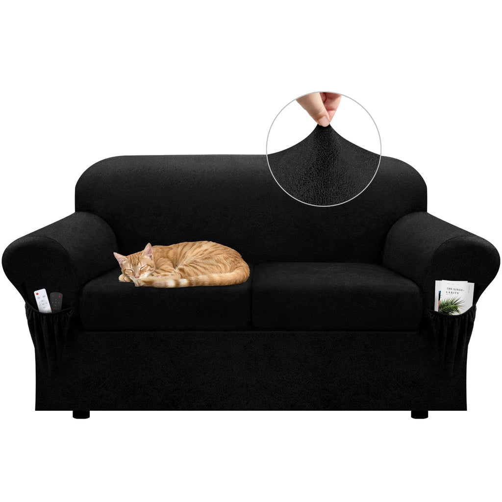 Loveseat Slipcover with Armrest Pockets 3-Piece Set, Stretch Faux Leather Love Seat Covers for 2-Cushion Couches(Fits 58-66") - Non-Slip, Machine Washable, Pet & Kid Friendly - Beige