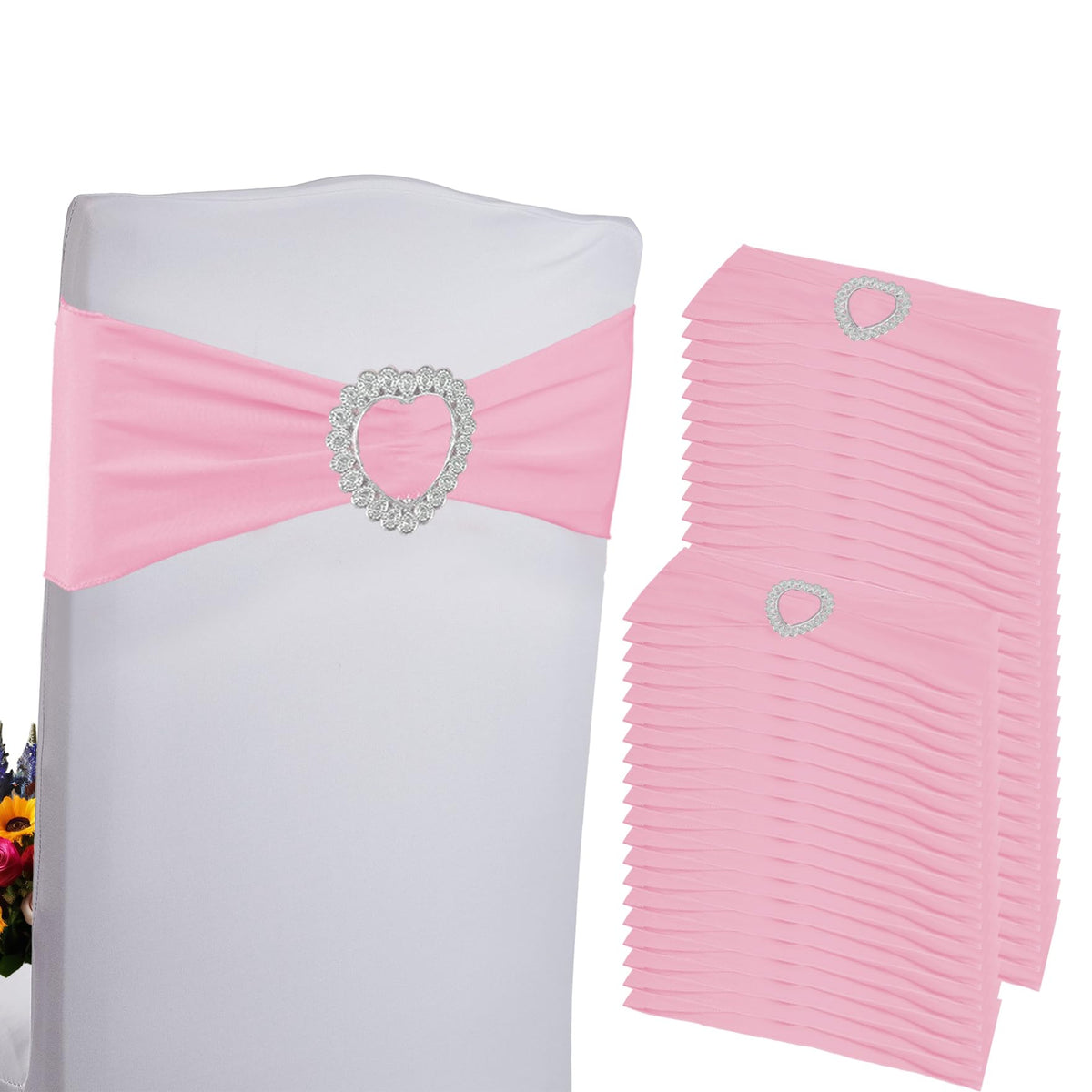 100PCS Spandex Stretch Chair Sashes Bows Universal Elastic Chair Cover Bands Ties with Buckle Slider for Wedding Party Birthday Reception Events Banquet Decoration(Pink)