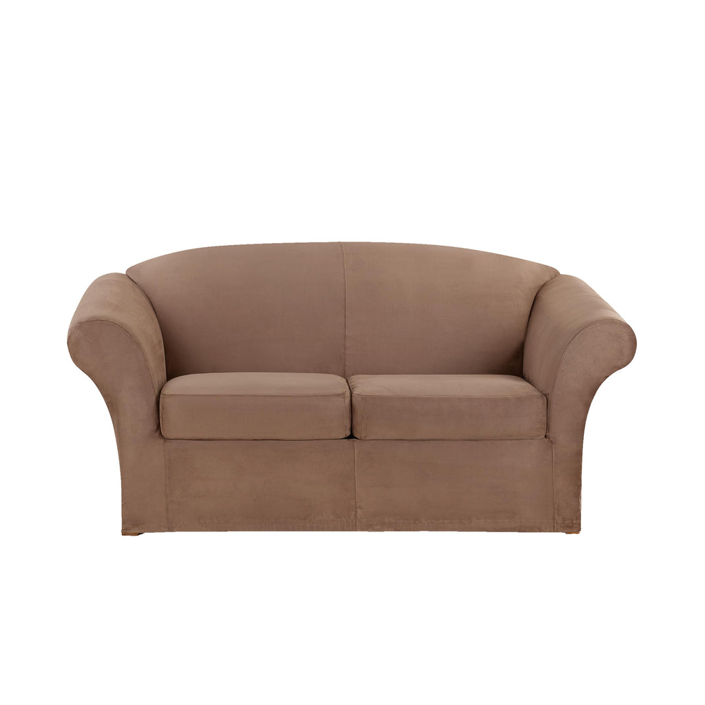 SureFit Home Décor Soft Suede Box Cushion Loveseat One Piece Slipcover, Relaxed Fit, Polyester, Machine Washable, Chocolate Color