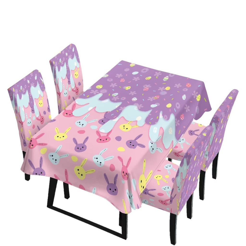 Table Cloth Rectangle Table Set of 5 Include Kitchen Chair Covers and Tablecloths for Dining Room Easter Decor, Anti-Scratch Chair Seat Protector Cover, Blue Cartoon Rabbit Carrot Dot