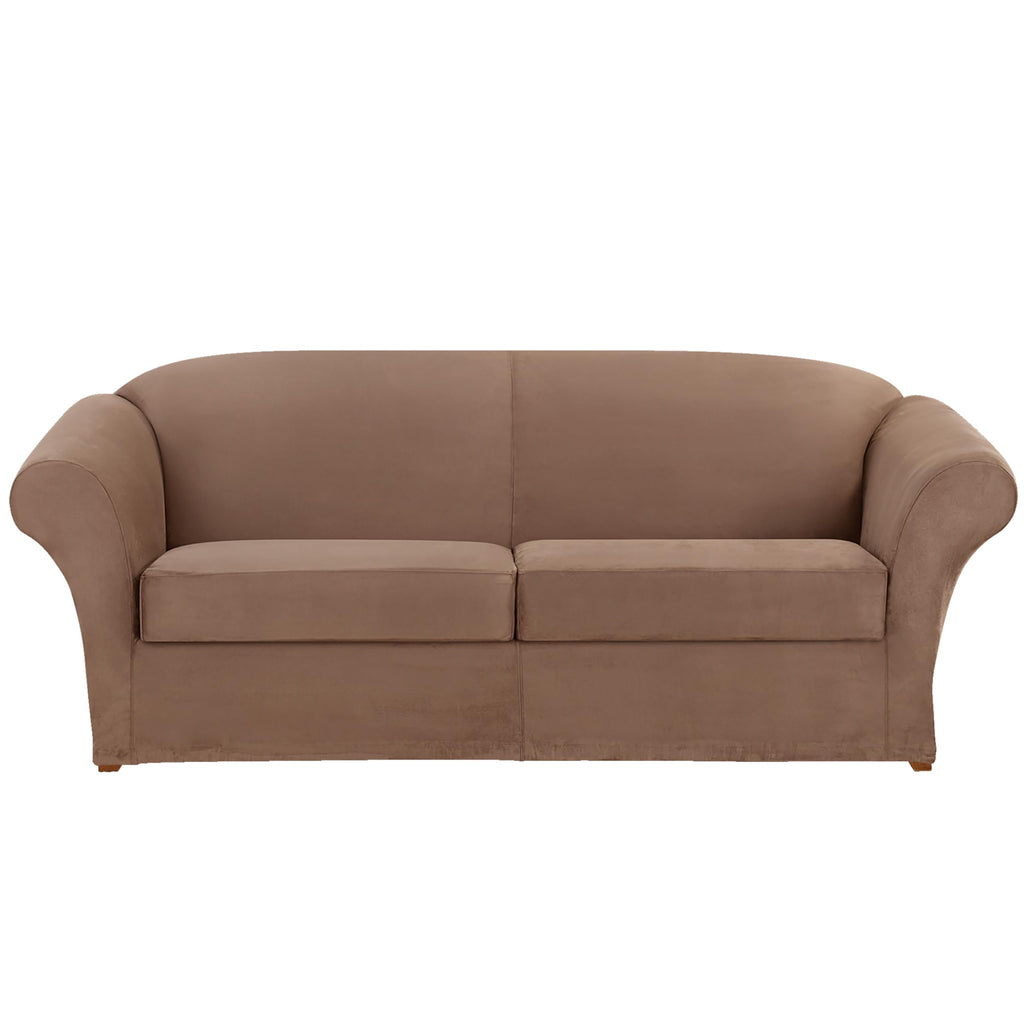 SureFit Home Décor Soft Suede Box Cushion Loveseat One Piece Slipcover, Relaxed Fit, Polyester, Machine Washable, Chocolate Color