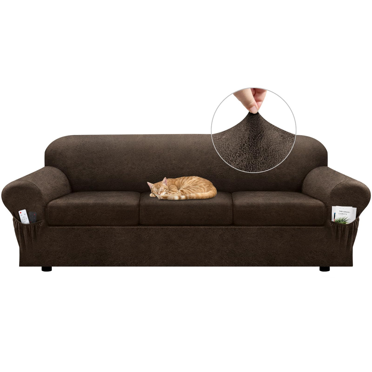 Loveseat Slipcover with Armrest Pockets 3-Piece Set, Stretch Faux Leather Love Seat Covers for 2-Cushion Couches(Fits 58-66") - Non-Slip, Machine Washable, Pet & Kid Friendly - Beige