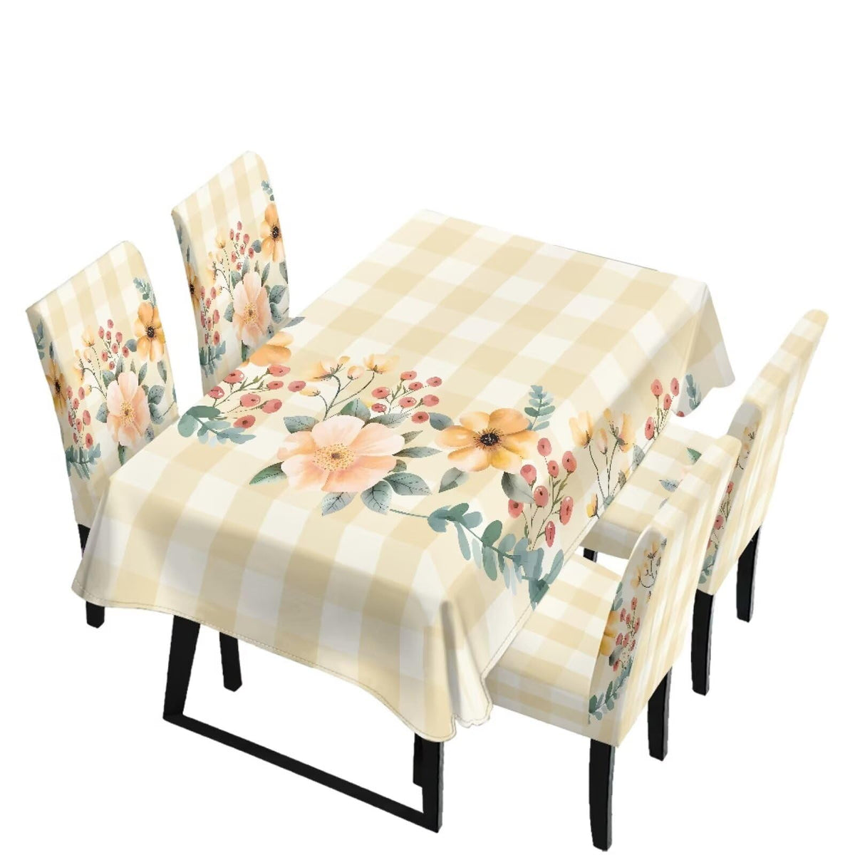 Blue Floral Rectangular Table Cloth & Dining Chair Covers Set of 5, Stain Resistant Wipeable Chair Protectors for Farmhouse Rustic Home Kitchen Party Decor