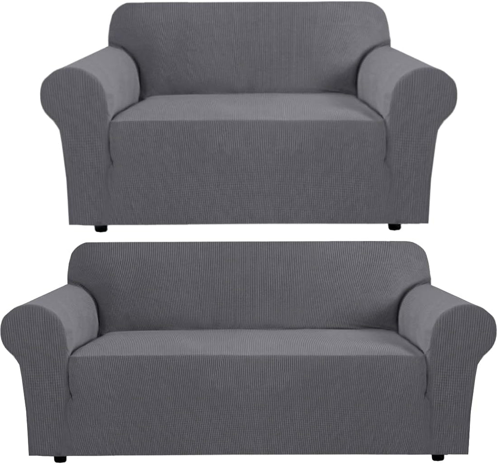 H.VERSAILTEX Stretch Loveseat Cover Bundles Sofa Slipcover, Furniture Protector, Plaid Pattern, Removable and Washable, Gray