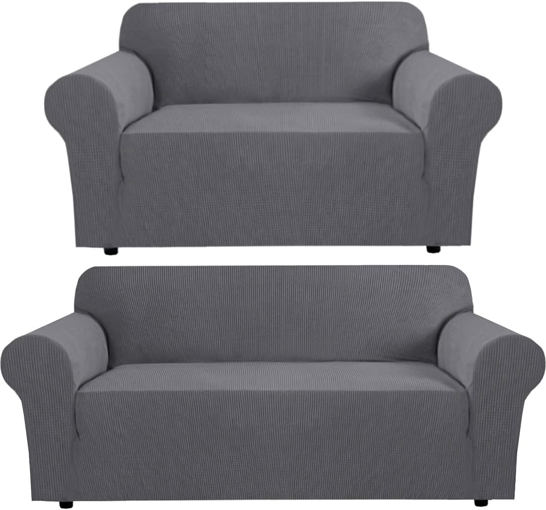 H.VERSAILTEX Stretch Loveseat Cover Bundles Sofa Slipcover, Furniture Protector, Plaid Pattern, Removable and Washable, Gray