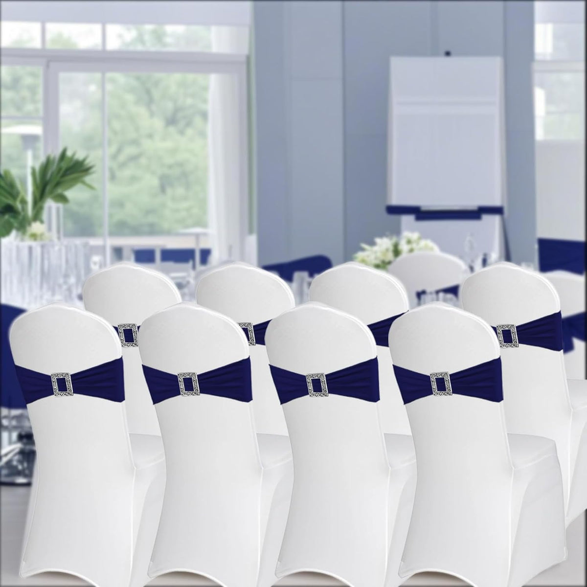100 Pack Spandex Stretch Chair Sashes Bows Elastic Chair Cover Bands Ties with Buckle Slider for Wedding Party Banquet Restaurant Baby Shower Chairs Decorations (Navy Blue)