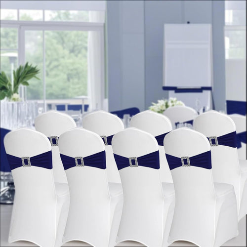 100 Pack Spandex Stretch Chair Sashes Bows Elastic Chair Cover Bands Ties with Buckle Slider for Wedding Party Banquet Restaurant Baby Shower Chairs Decorations (Navy Blue)