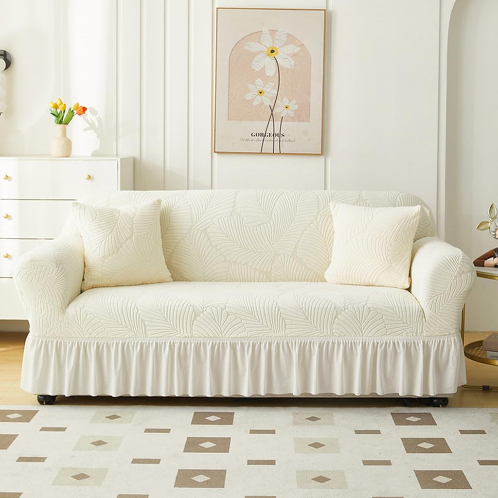 KAIJIE 1 piece Double seat Textured Sofa Slipcover with Ruffle Skirt,Elastic Stretch Fabric，Leaf Pattern Design Thick Anti Slip Protective Cover C-01Haze Blue