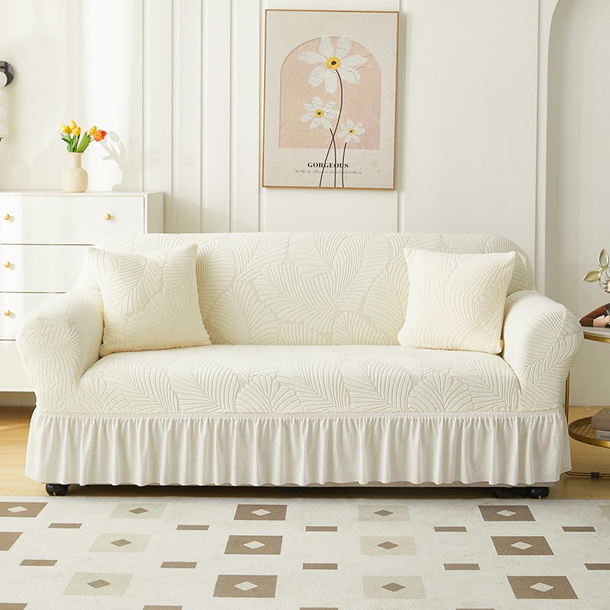 KAIJIE 1 piece Double seat Textured Sofa Slipcover with Ruffle Skirt,Elastic Stretch Fabric，Leaf Pattern Design Thick Anti Slip Protective Cover C-01Haze Blue