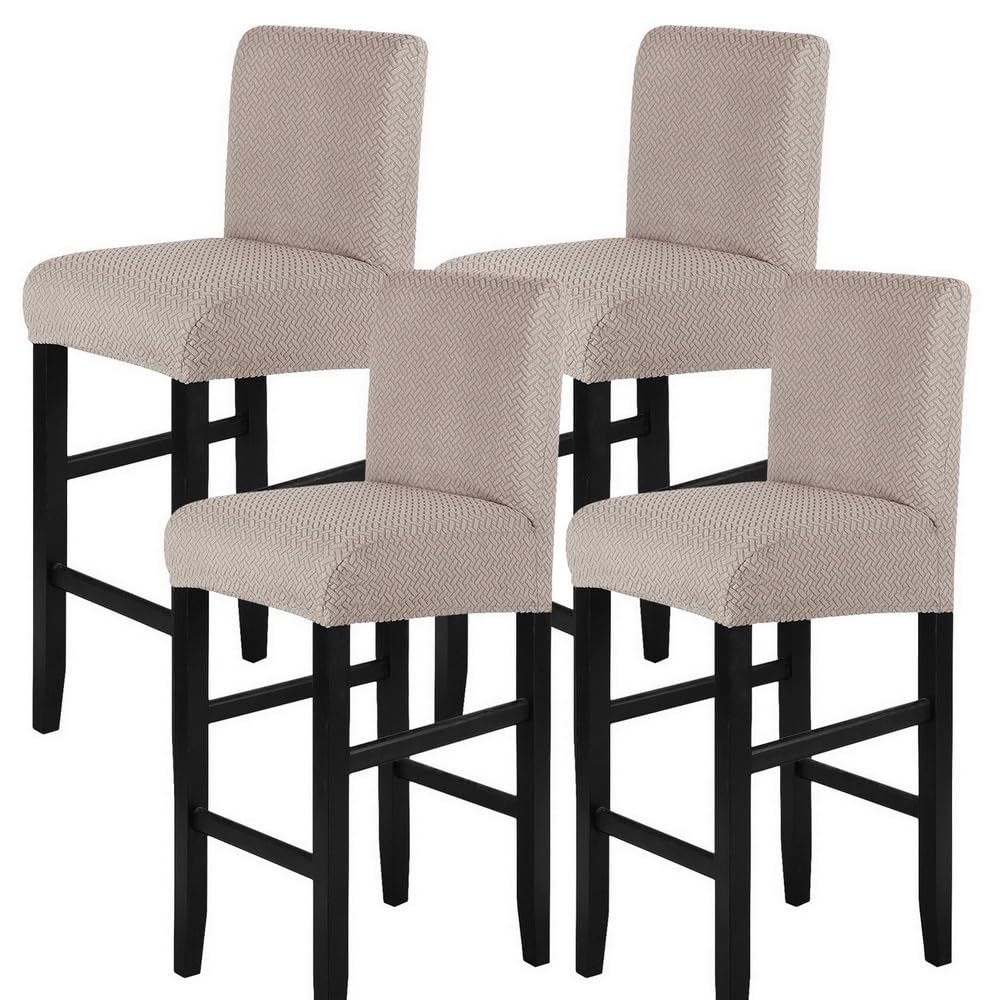 SearchI Bar Stool Covers Set of 4, Stretch Washable Barstool Seat Covers, Counter Height Chair Covers for Kitchen Dining Room Cafe (Beige Linen-Look Print)