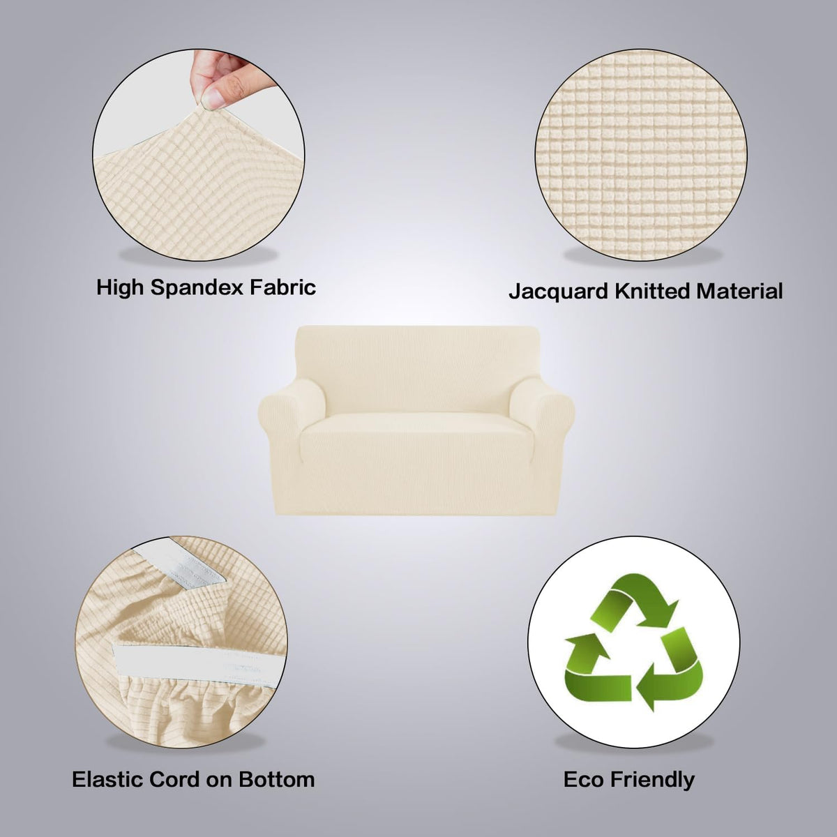 H.VERSAILTEX Stretch Couch Cover Loveseat Covers for 2 Cushion Couch Sofa Slipcover for Love Seat 1 Piece with Elastic Bottom, Checked Jacquard Fabric, Loveseat 58"-70" Wide, Butter Cream