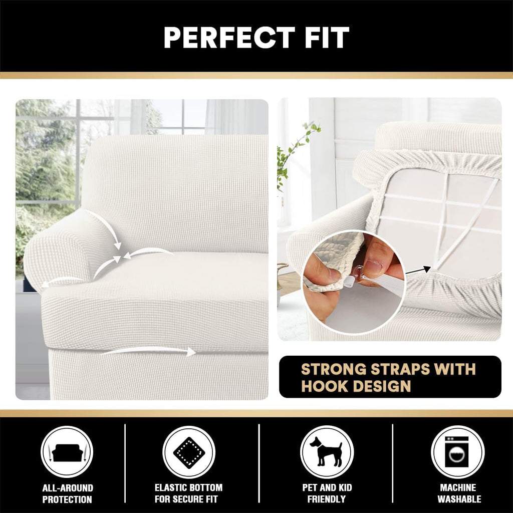 PrinceDeco T Cushion Loveseat Slipcover - 3 Pieces Sofa Cover for 2 Cushion Couch with 2 Individual T Shape Seat Covers Width Up to 76 Inch - Stretch, Machine Washable, Porcelain
