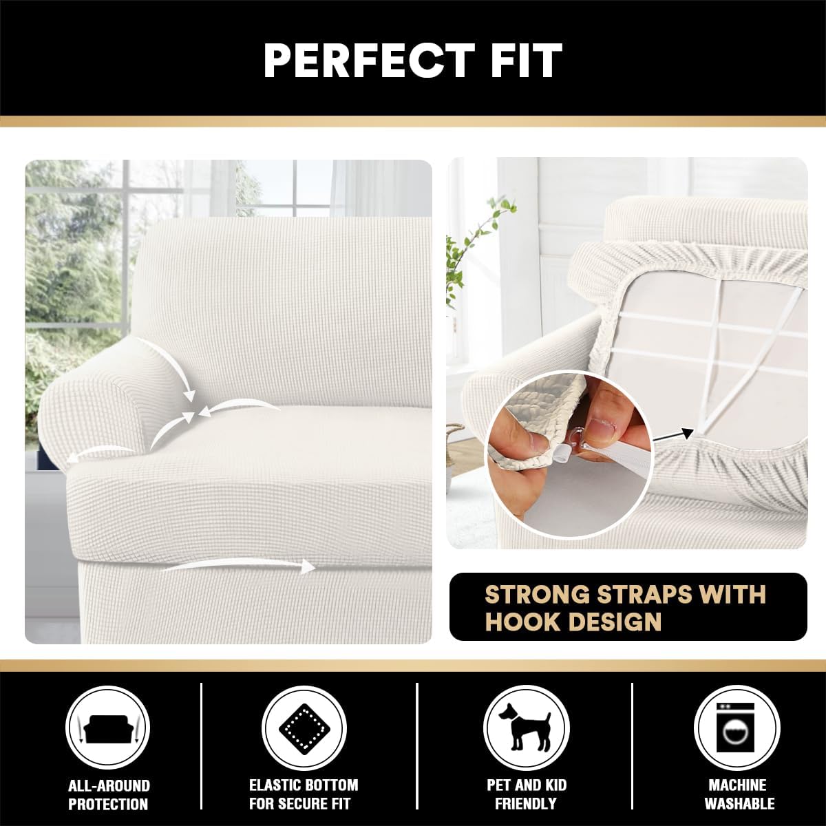 PrinceDeco T Cushion Loveseat Slipcover - 3 Pieces Sofa Cover for 2 Cushion Couch with 2 Individual T Shape Seat Covers Width Up to 76 Inch - Stretch, Machine Washable, Porcelain