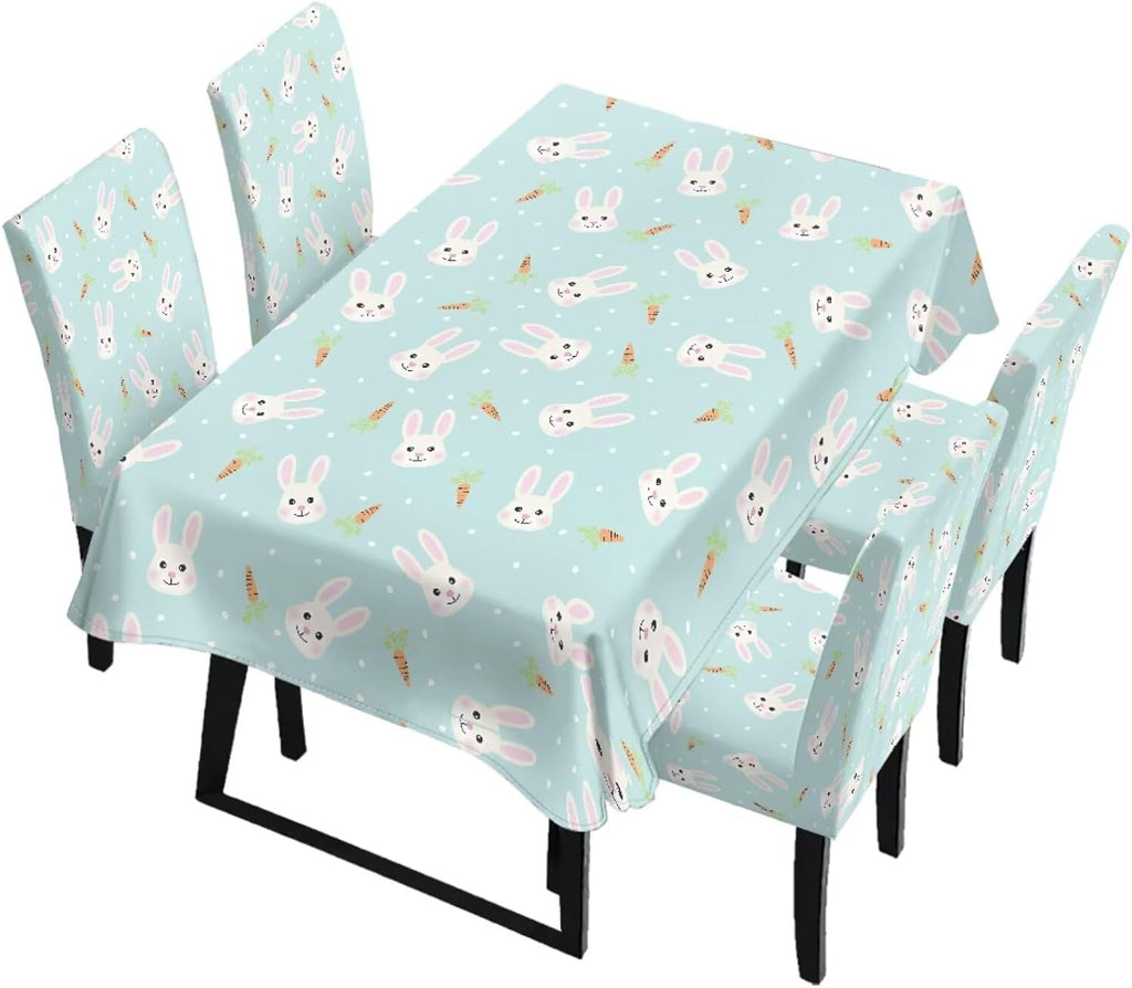 Table Cloth Rectangle Table Set of 5 Include Kitchen Chair Covers and Tablecloths for Dining Room Easter Decor, Anti-Scratch Chair Seat Protector Cover, Blue Cartoon Rabbit Carrot Dot