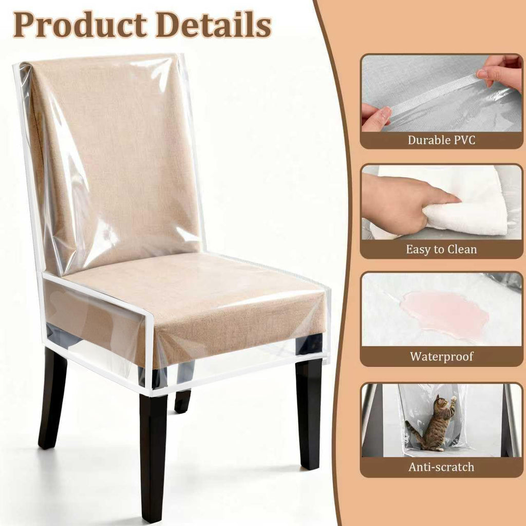 4 Pack Dining Chair Covers, Waterproof Clear Plastic Chair Covers for dining chairs, Plastic Seat Chair Protector Keep Chair Away from Water Dust Stain and Pet Claws W/21 x D/18 Fits Seatbacks 16-23"