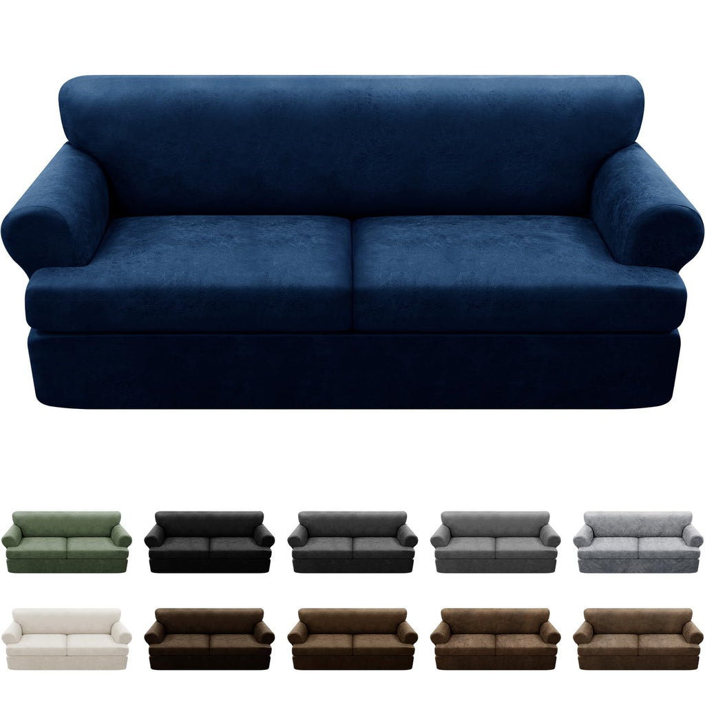 3-Pieces T Cushion Loveseat Slipcovers Leather Look Couch Cover Loveseat Covers for 2 Cushion Couch Furniture Protector Stretch Sofa Cover with 2 Individual T Cushion Seat Covers, Brown