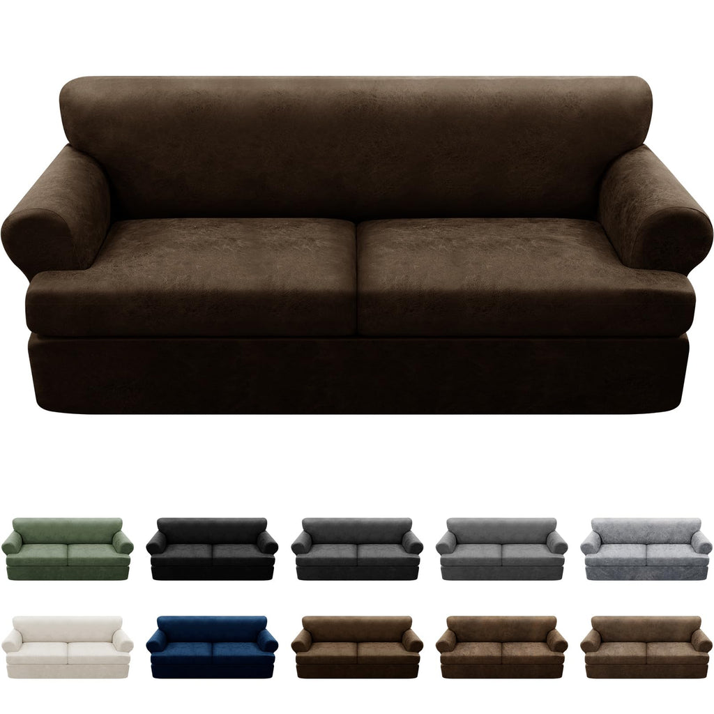 3-Pieces T Cushion Loveseat Slipcovers Leather Look Couch Cover Loveseat Covers for 2 Cushion Couch Furniture Protector Stretch Sofa Cover with 2 Individual T Cushion Seat Covers, Brown