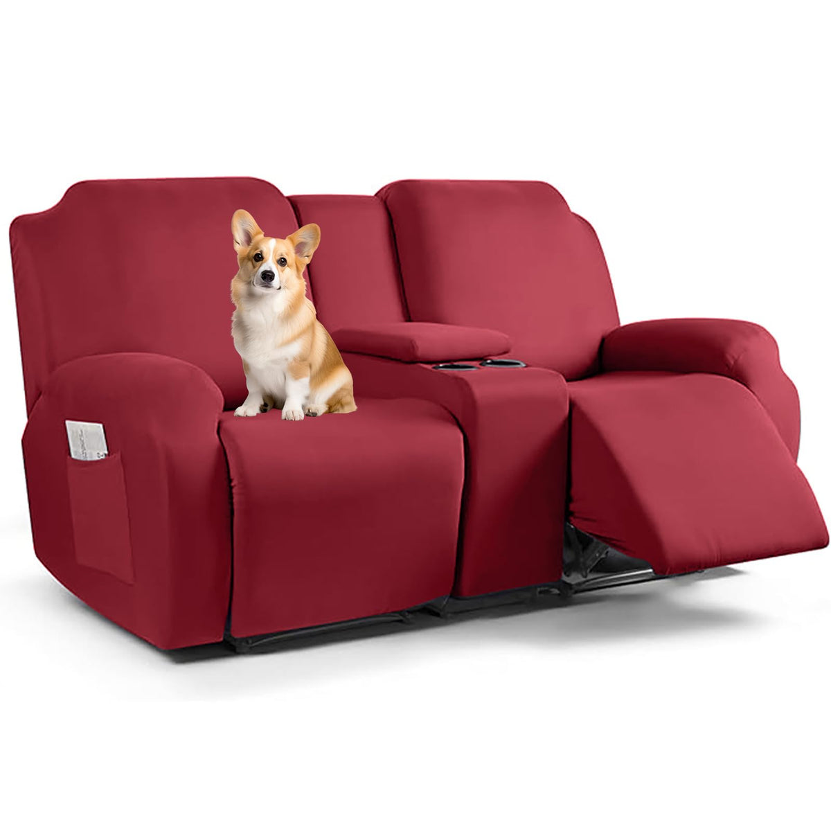 Stretch Recliner Loveseat Chair Cover with Console,7-Piece Velvet Stretch Loveseat Reclining Cover Sofa Covers,Furniture Protective Covers for Children and Pets, Beige