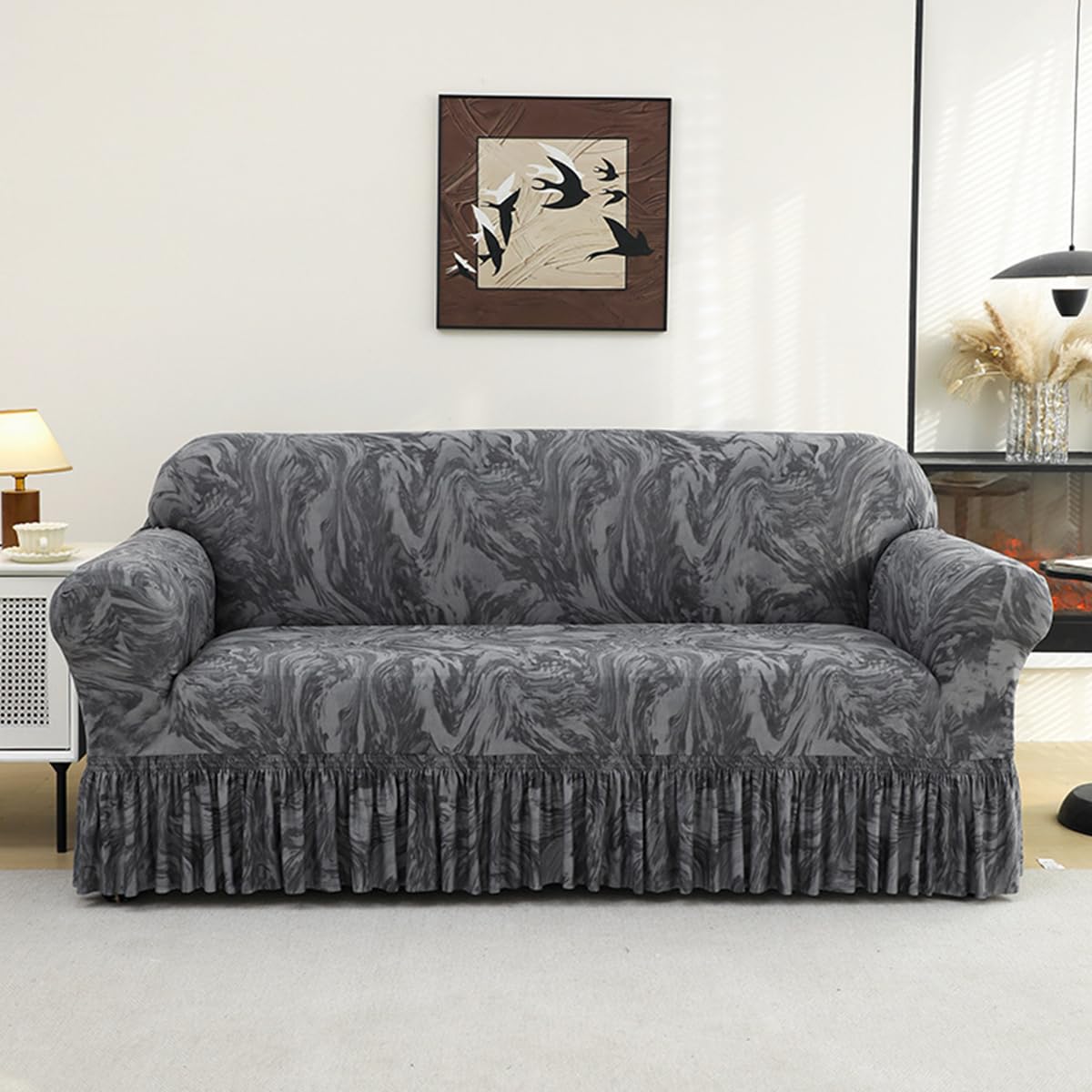 KAIJIE Super Stretch Sofa Slipcover–Non Slip Soft Couch Sofa Cover,Skirt Edge Design with Non Skid Foam and Elastic Bottoms for Crafted from Soft Polyester Printed Pattern（2-Person seat Couch Cover）