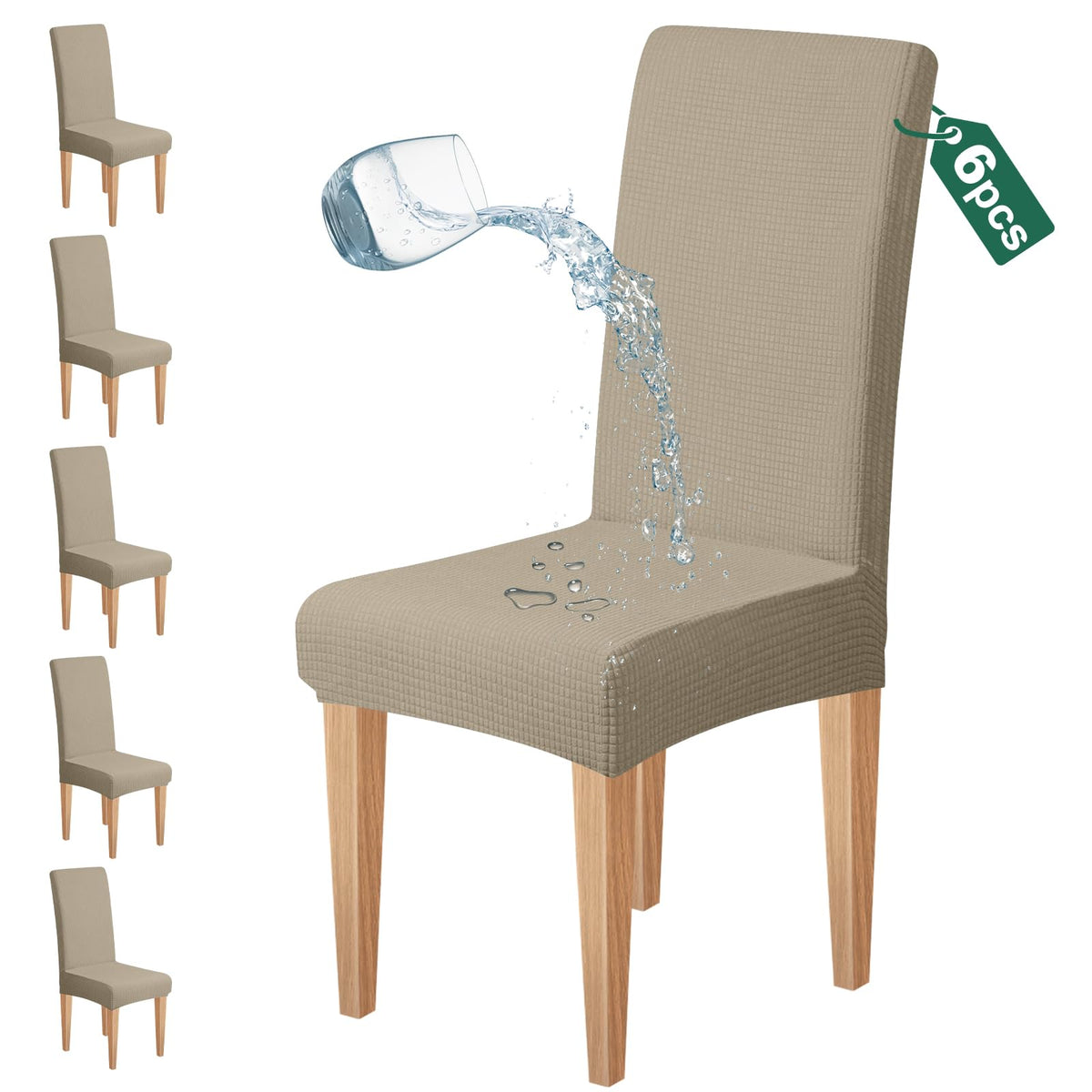 Dioxide Waterproof Chair Covers for Dining Chairs, Stretch Dining Chair Covers Set of 6, Parson Chair Slipcovers, Washable Kitchen Chairs Seat Covers Protectors for Home Restaurant Banquet - Beige
