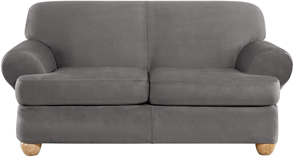 SureFit Home Décor Soft Suede Box Cushion Loveseat One Piece Slipcover, Relaxed Fit, Polyester, Machine Washable, Chocolate Color