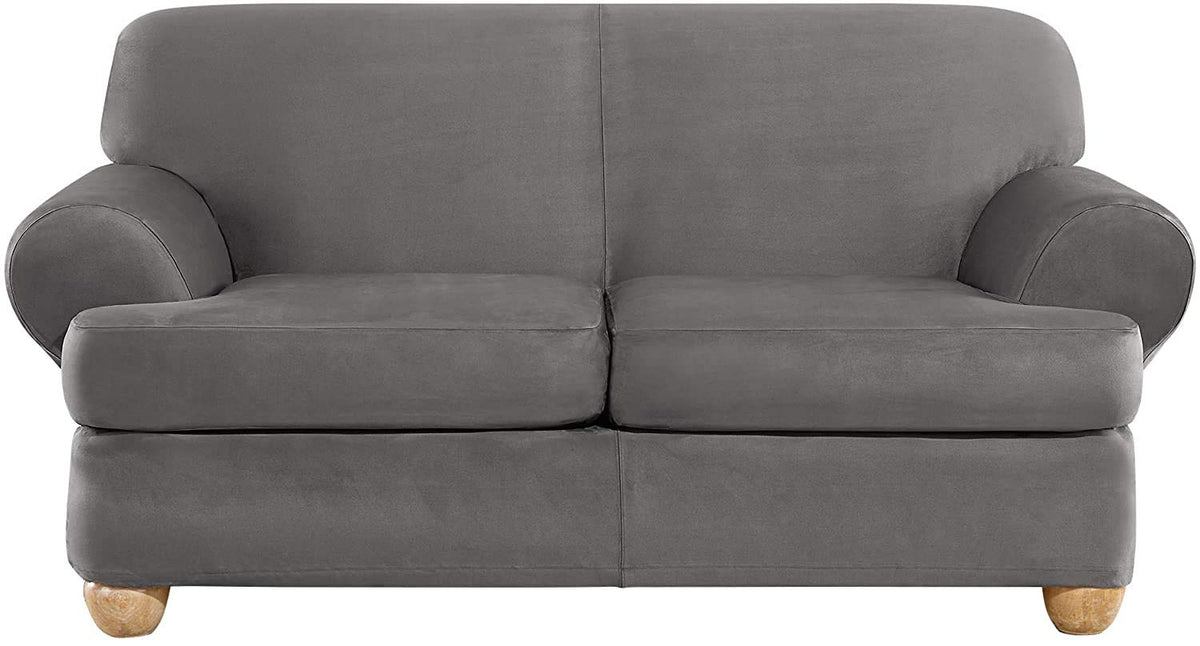 SureFit Home Décor Soft Suede Box Cushion Loveseat One Piece Slipcover, Relaxed Fit, Polyester, Machine Washable, Chocolate Color