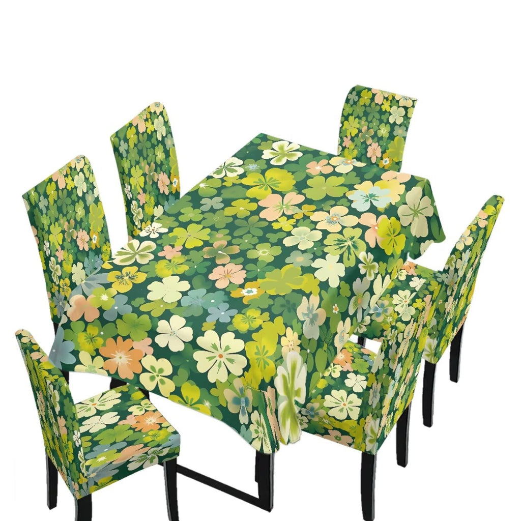 Stretch Dining Table Cloth and Chair Covers Set, 4 Seater Table Cover Anti-Wrinkle Parsons Chair Slipcovers Machine Washable Seat Protector for St. Patrick's Day Decor, Green Shamrock