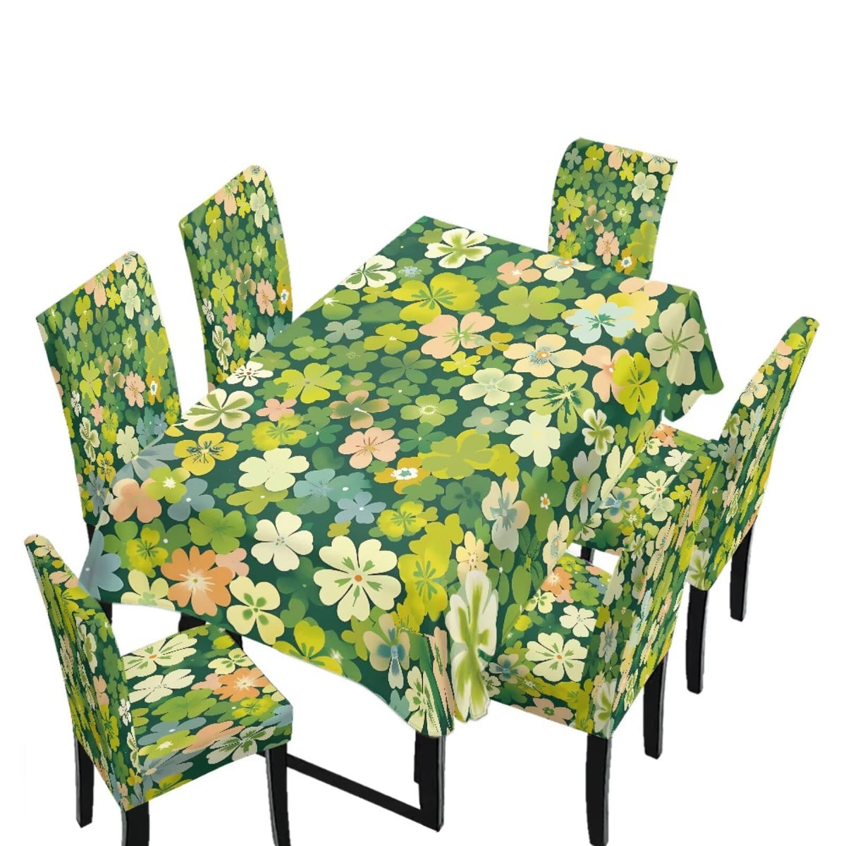 Stretch Dining Table Cloth and Chair Covers Set, 4 Seater Table Cover Anti-Wrinkle Parsons Chair Slipcovers Machine Washable Seat Protector for St. Patrick's Day Decor, Green Shamrock