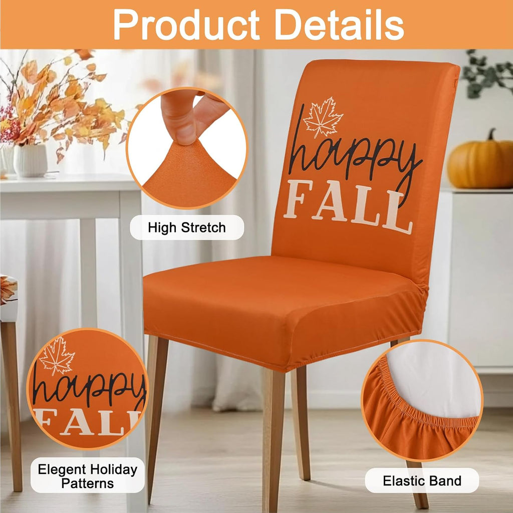 6 Pcs Fall Chair Covers for Dining Room, Thanksgiving Stretch Removable Dining Chair Cover Set of 6, Autumn Pumpkin Chair Slipcovers Seat Protector for Fall Restaurant Decor
