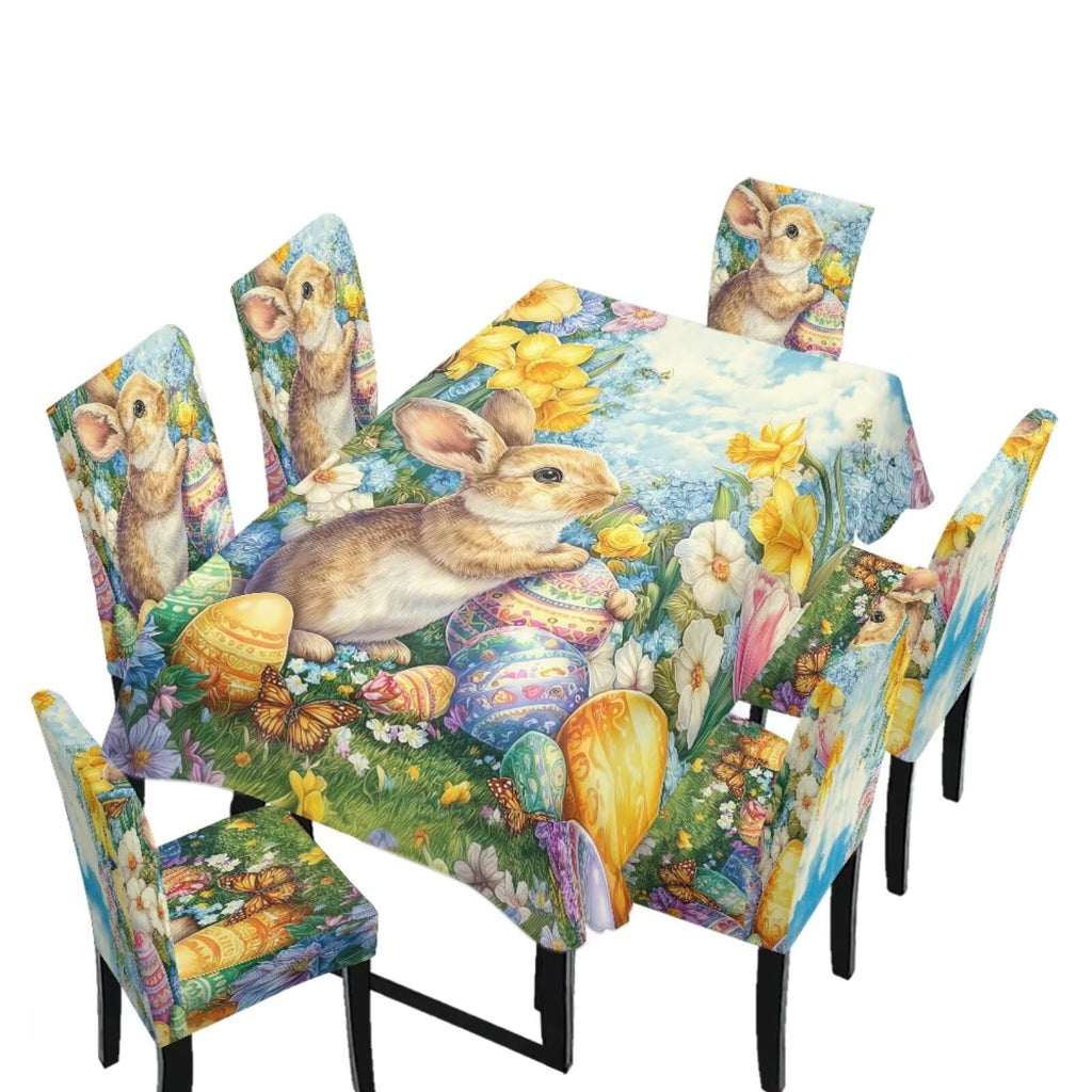 Table Cloth Rectangle Table Set of 7 Include Kitchen Chair Covers and Tablecloths for Dining Room Hotel Banquet, Anti-Scratch Chair Seat Protector Cover, Daisy Hippie Flower Print