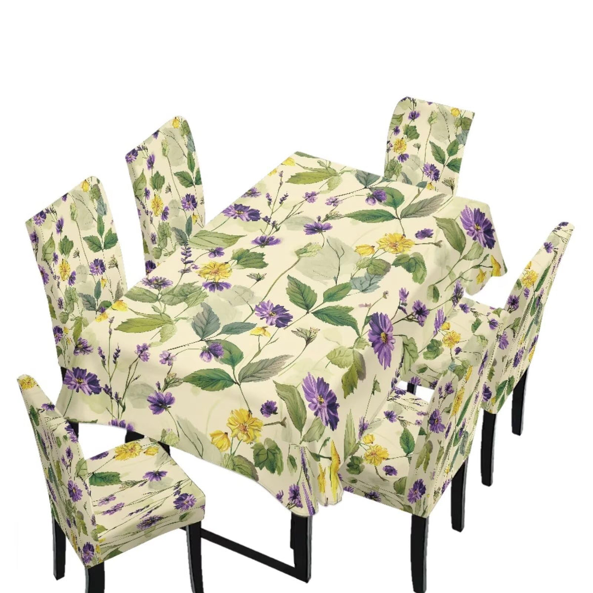 Dining Room Chair Cover and Tablecloths 7 Pack, Stain Resistant Stretch Kitchen Chair Seat Slipcovers Anti-Wrinkle Table Protector for Party, Pastoral Rose Flower Stripes Print Green