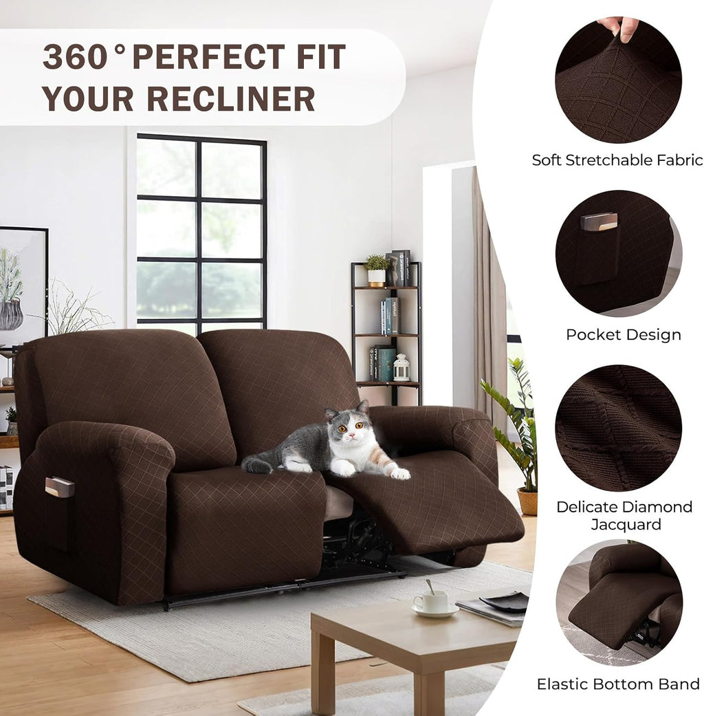 vctops Diamond Recliner Loveseat Slipcover 6-Pieces Stretch Dual Recliner Sofa Covers for 2 Seat Dual Reclining Loveseat Couch Soft Solid Furniture Protector (Dark Coffee,2 Seat)