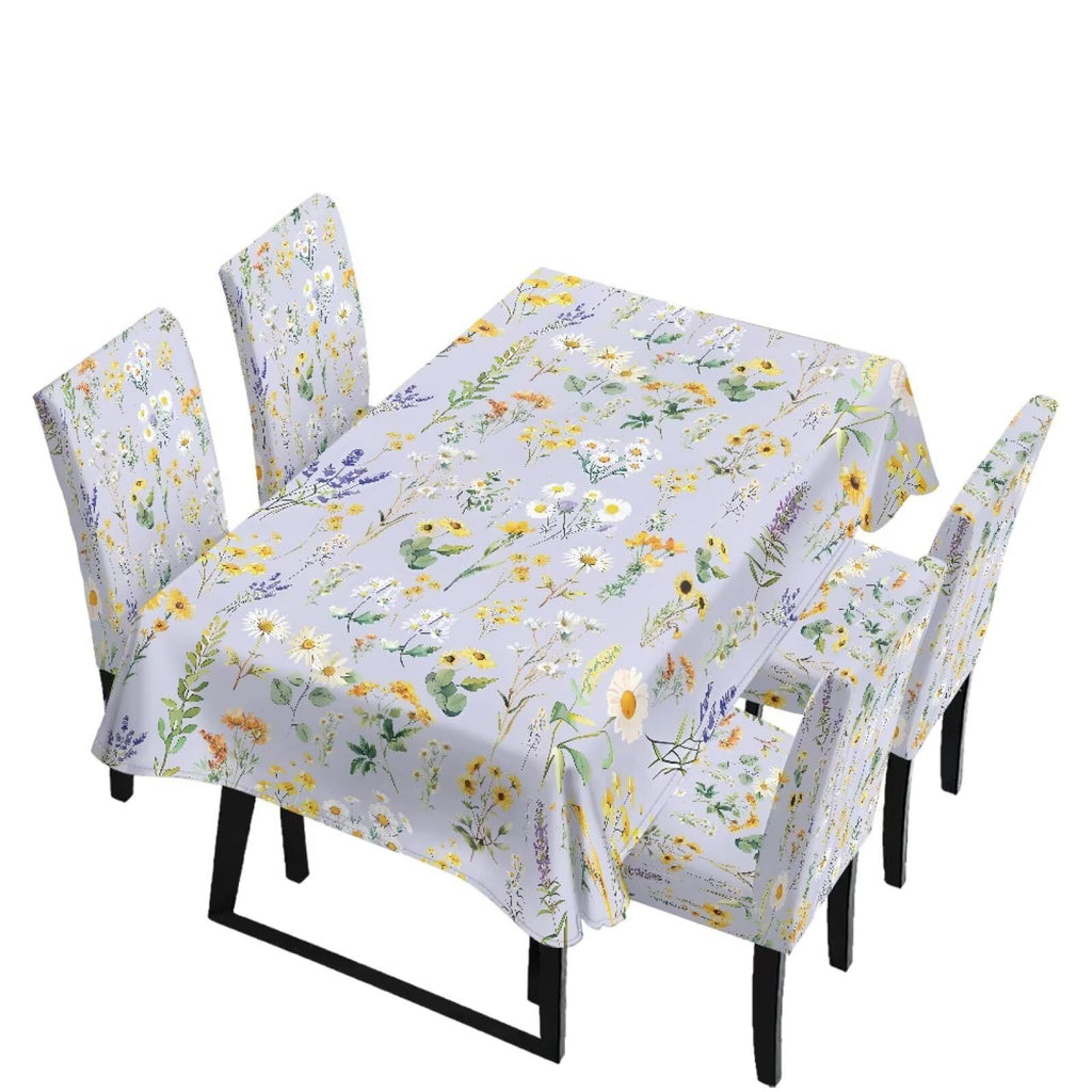 Blue Floral Rectangular Table Cloth & Dining Chair Covers Set of 5, Stain Resistant Wipeable Chair Protectors for Farmhouse Rustic Home Kitchen Party Decor